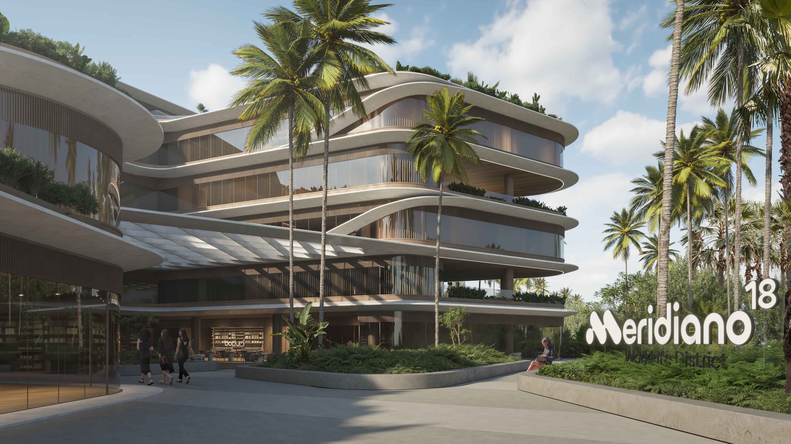 Fachada de Meridiano 18 en Cap Cana con arquitectura orgánica, terrazas curvas y entorno tropical