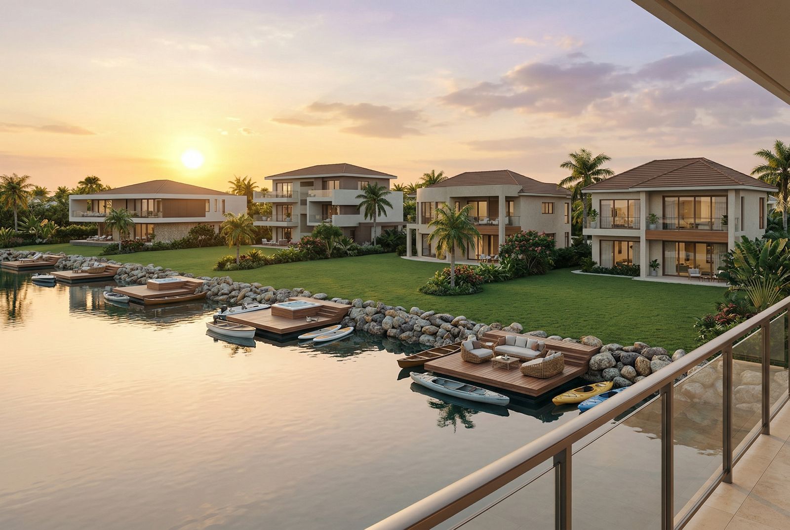 Villas de lujo frente al lago al atardecer en The Golden Lakes Estates, con muelles privados, decks sobre el agua y vista serena en Cap Cana.