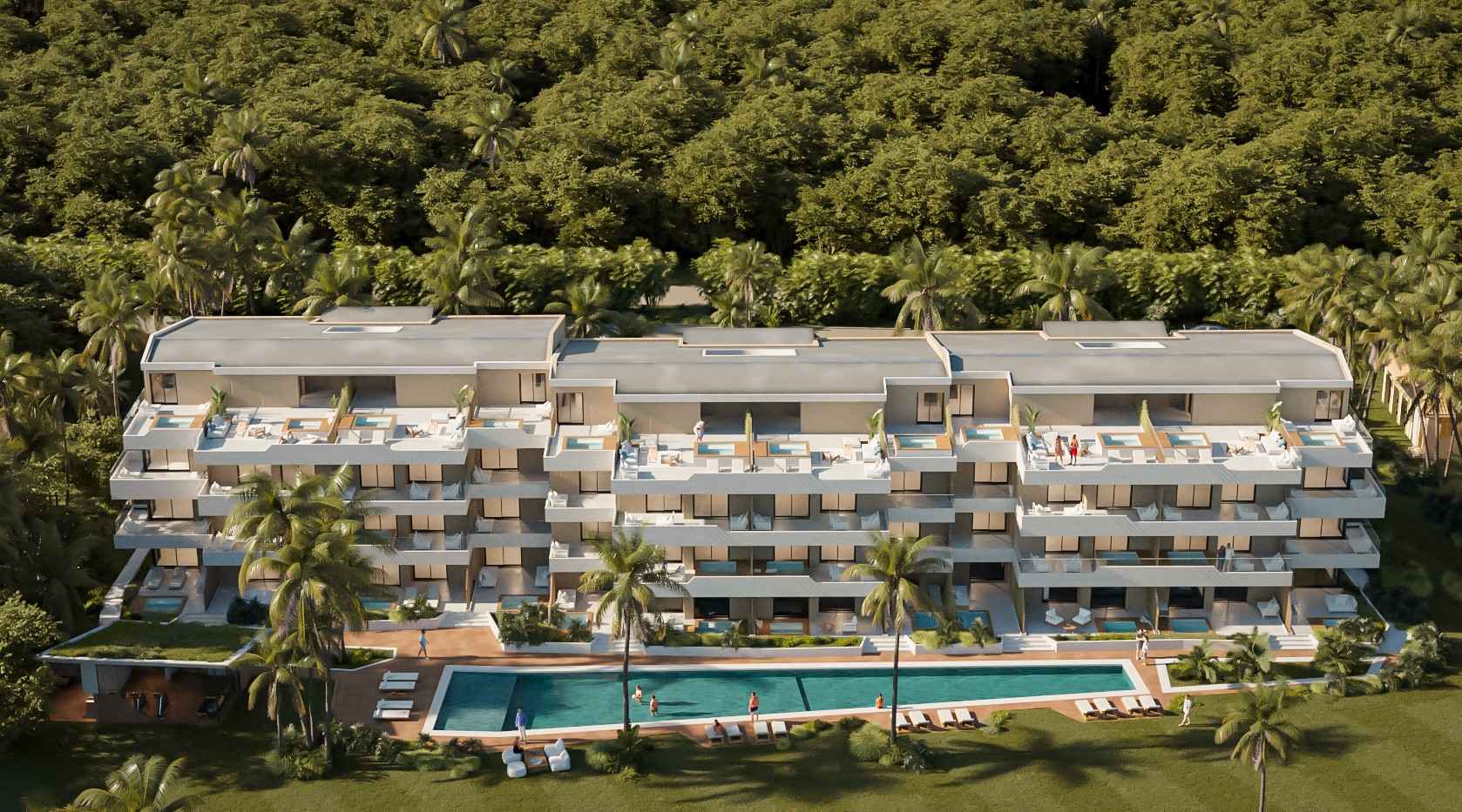 Vista aérea de Palmira Golf con piscina central, terrazas y entorno tropical