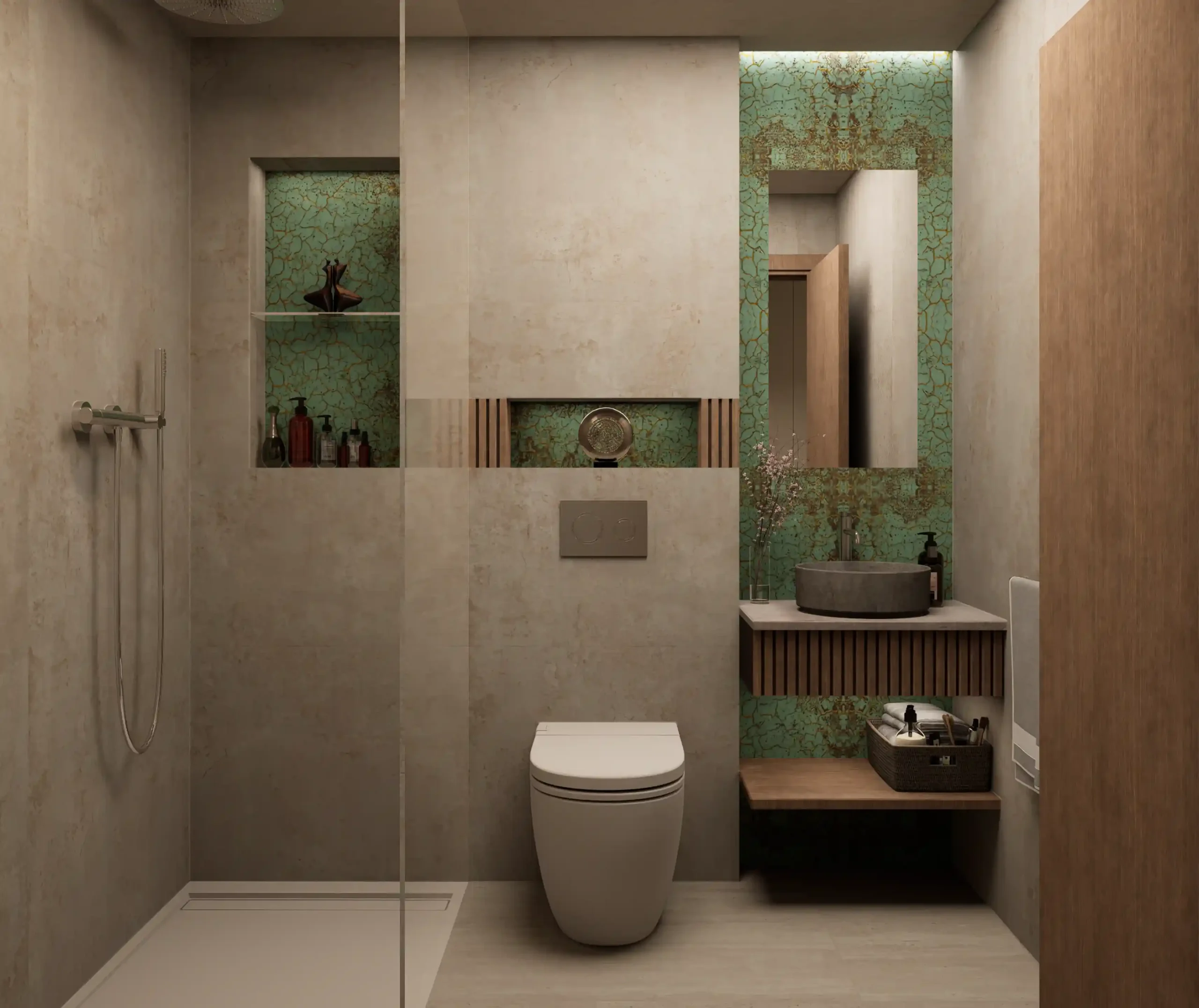 Baño moderno con ducha walk-in, acabados en tonos tierra y detalles verdes en apartamento de lujo