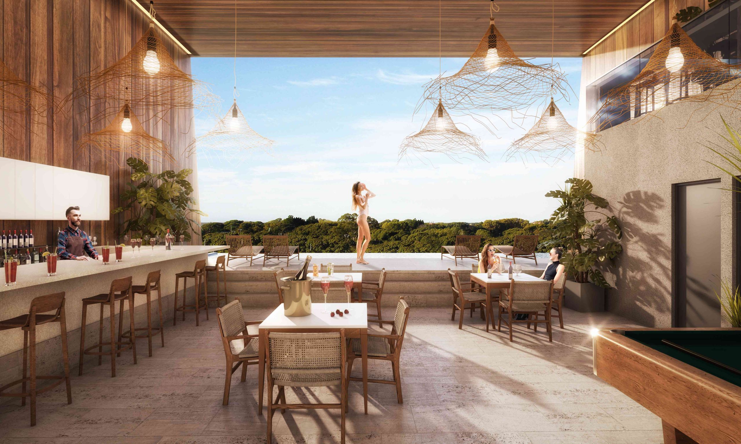 Terraza de Cana Essence con piscina infinita y conexión visual con el paisaje.