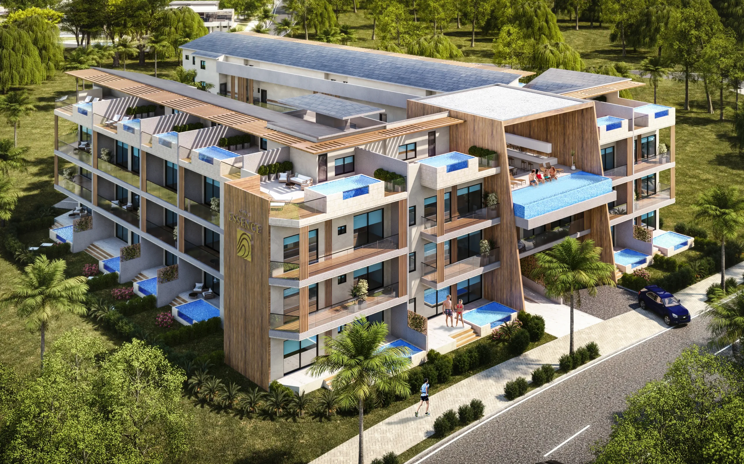 Cana Essence en Cap Cana con arquitectura moderna rodeada de vegetación tropical y ambiente residencial exclusivo